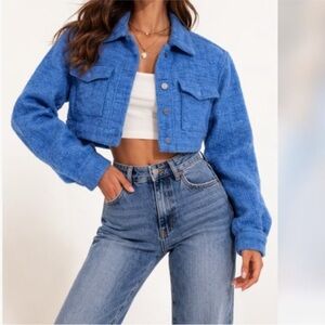 Blank NYC Blue Cropped Tweed Moto Jacket Size S